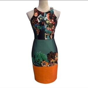 Milly Scuba Floral Neoprene Racerback Sheath Gold Zipper Halter Dress Lined 8